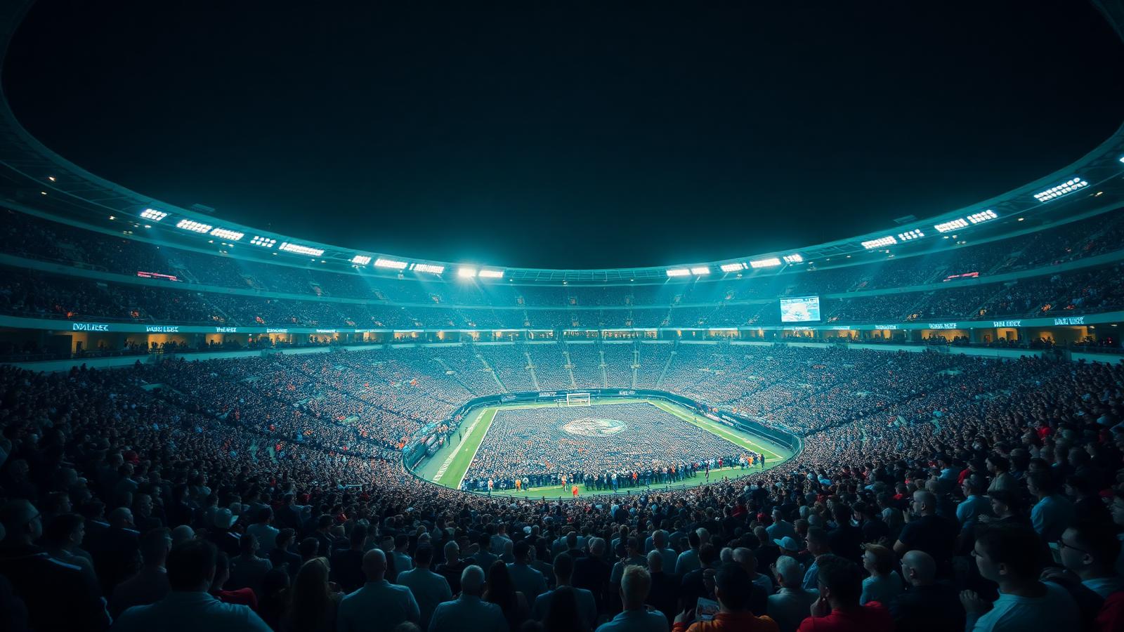Packed Atlanta stadium at night under teal floodlights